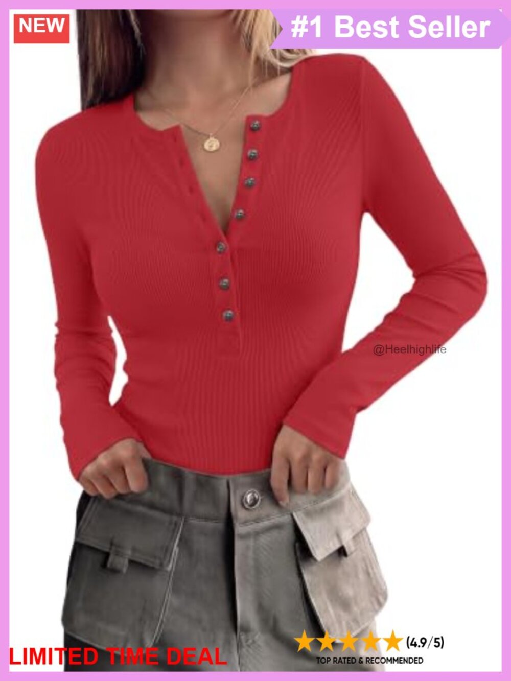 Women Henley Shirt Button Down Slim Fit V-Neck Knit Long Sleeve Top